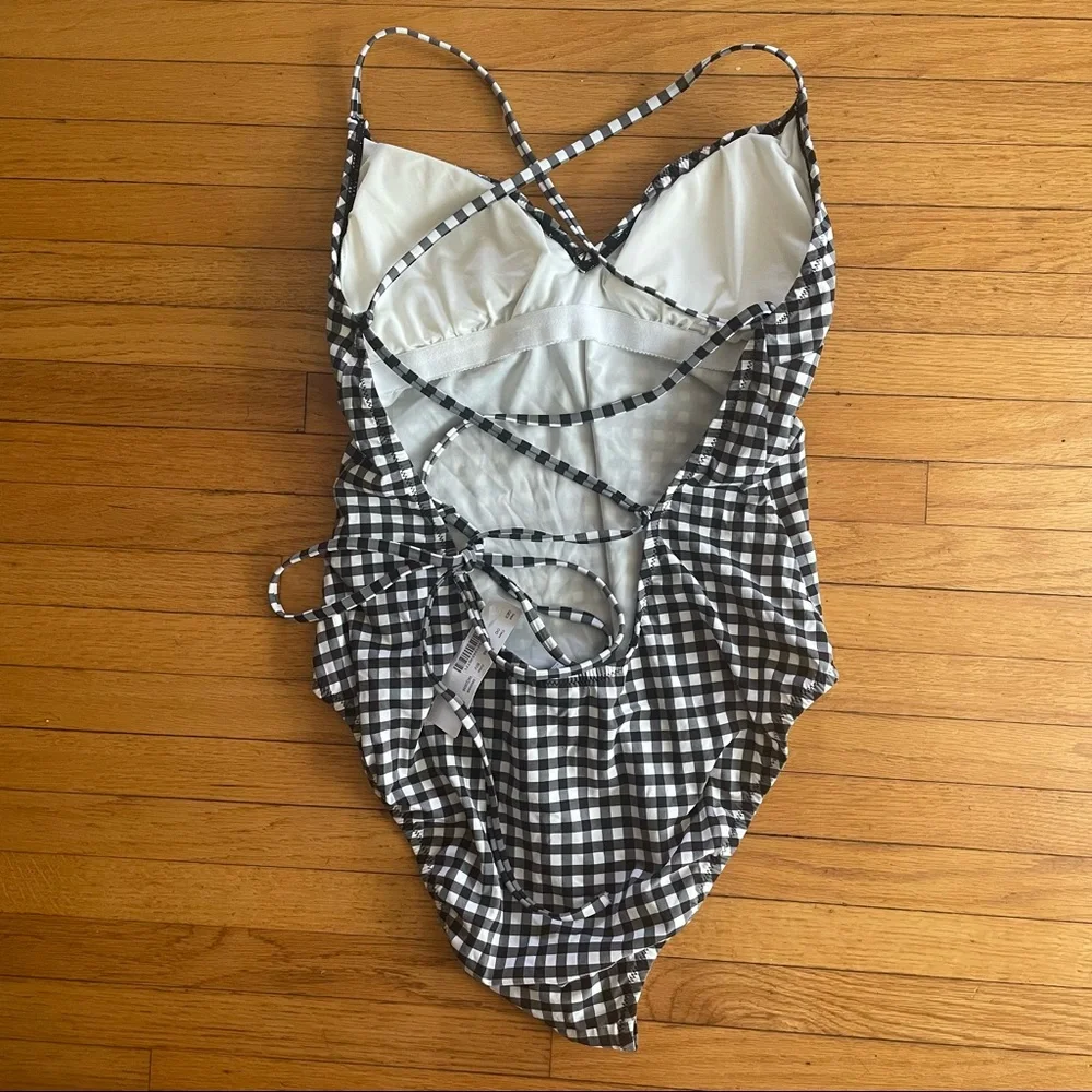 NWT J. Crew Gingham Black & White Lace Up One Piece Swimsuit